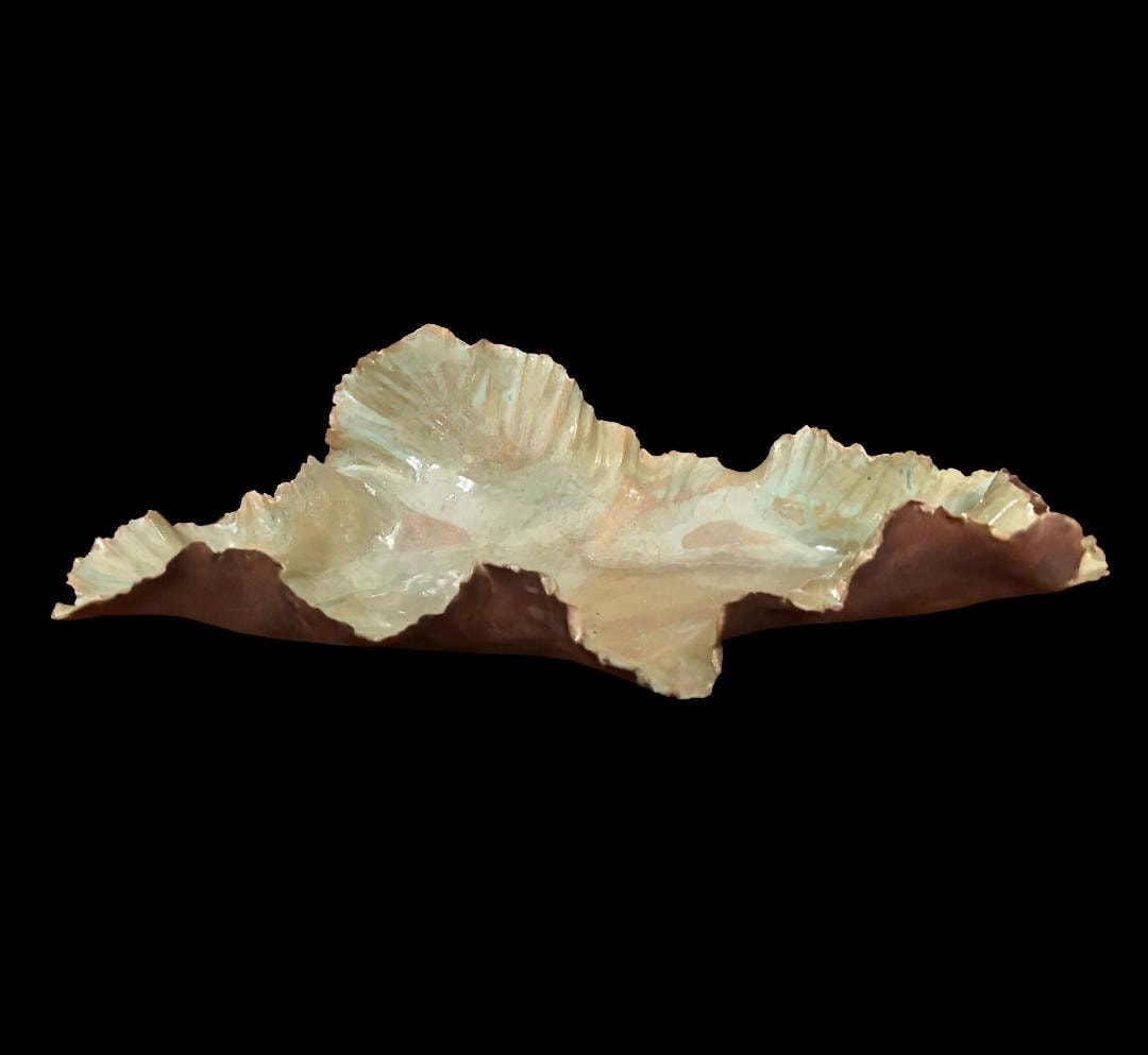 Coral Sculptural Bowl with celadon interior, ribbed organic form