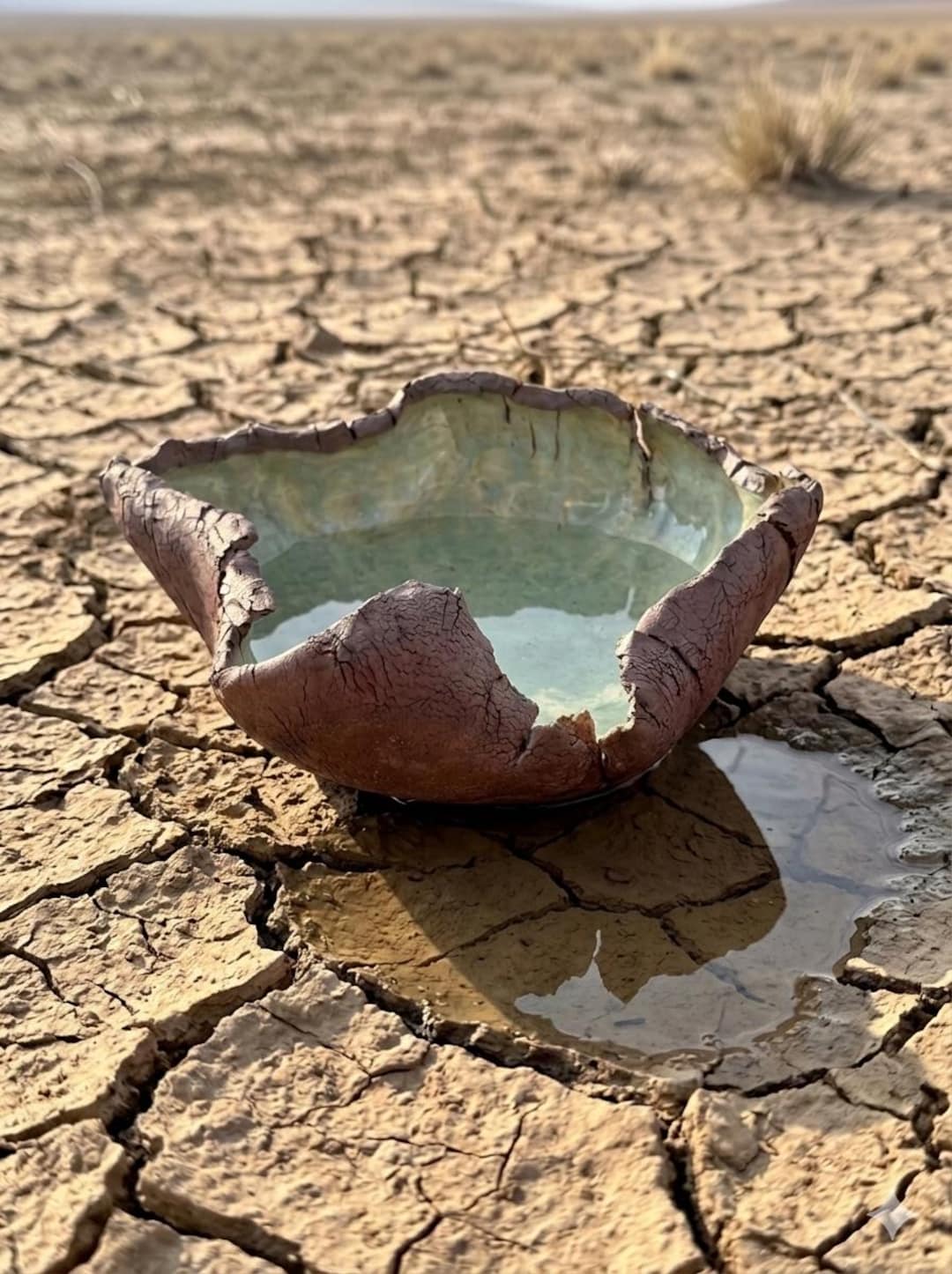 Cracked Earth Bowl — Brooklyn Red clay bowl with sodium silicate crackle exterior and seafoam glazed interior