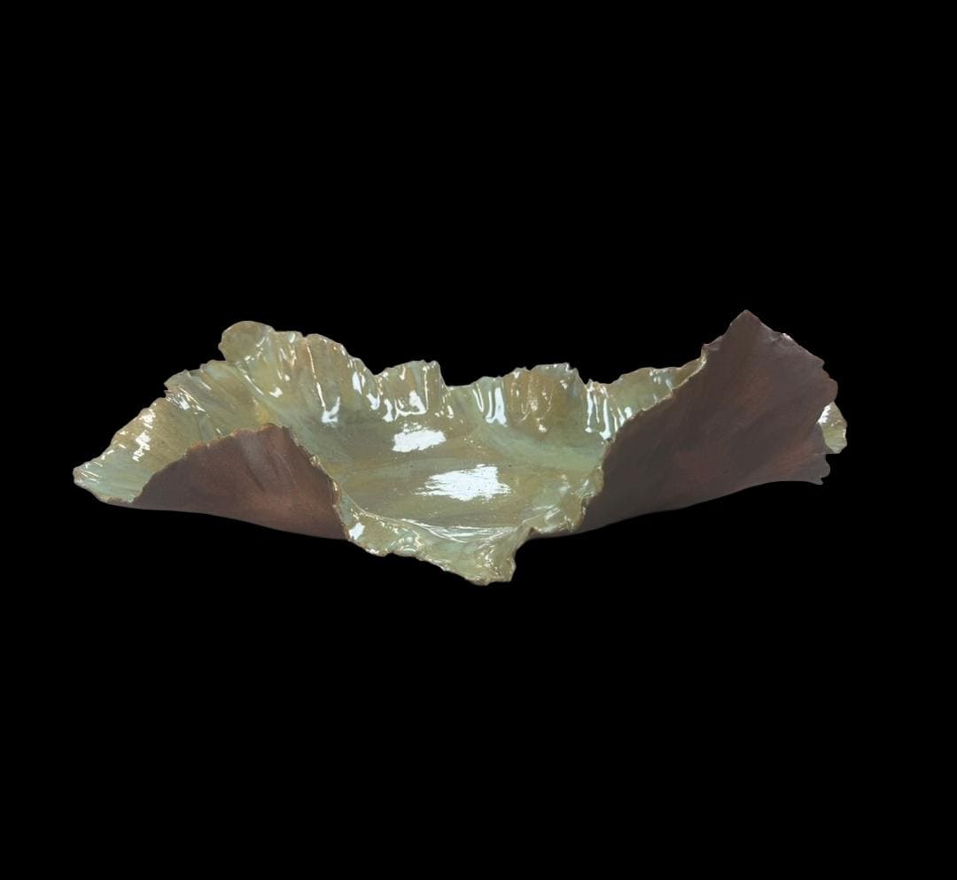 Hand-built ceramic leaf dish in celadon green and terracotta glaze