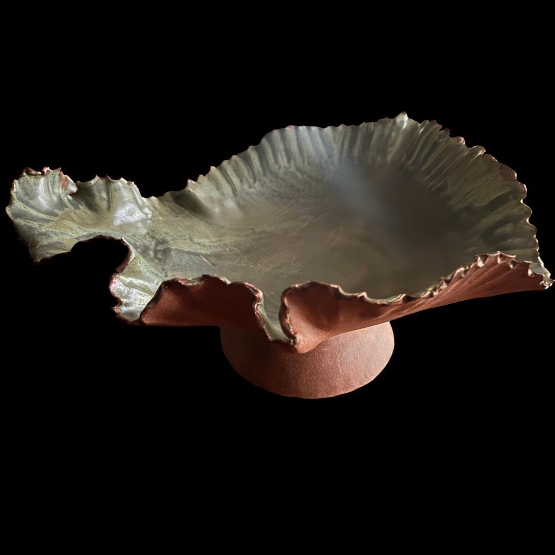 Patina Green Ceramic Footed Bowl with copper lustre ruffled edge