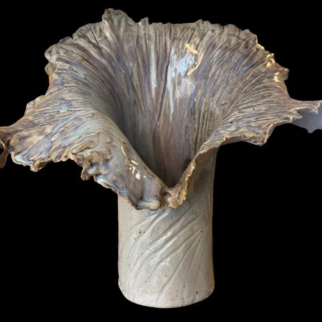 Ceramic Trumpet Vase in lavender ash gold glaze with ruffled rim
