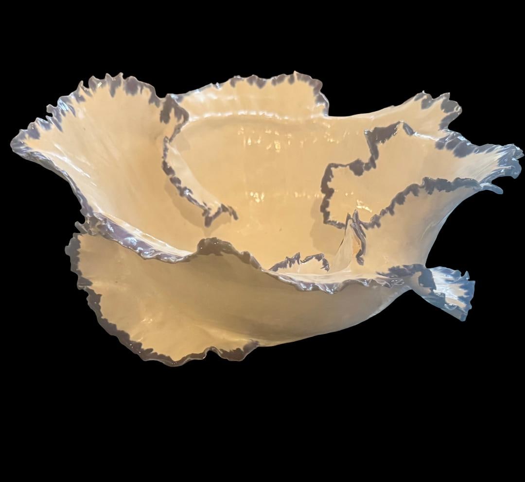 Wave Bowl with Cobalt Edge — cream ceramic bowl with ruffled edge and cobalt blue trim